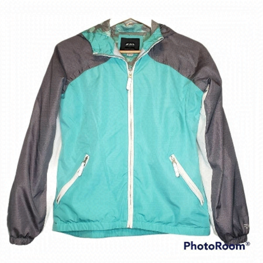 Fog by London Fog Shell Jacket Turquoise Blue Grey Gray White size 16 Junior